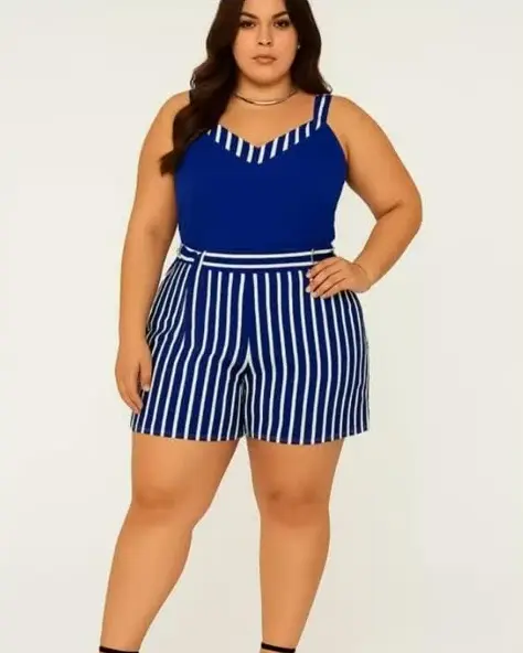 Modelo com macaquinho azul de short listrado